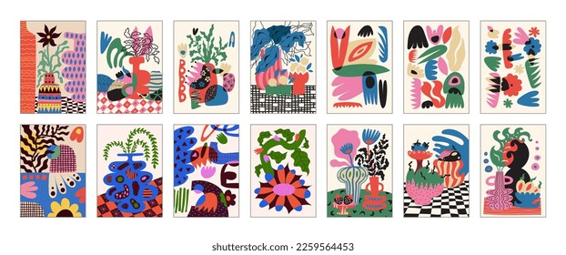 Modern paintings for the interior. Drawing style. Colorful illustrations of still lifes with flowers for covers, paintings. Interior painting. Flat design. Hand drawn fashion vector illustration.