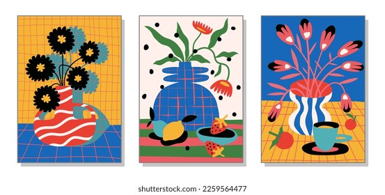 Modern paintings for the interior. Drawing style. Colorful illustrations of still lifes with flowers for covers, paintings. Interior painting. Flat design. Hand drawn fashion vector illustration.