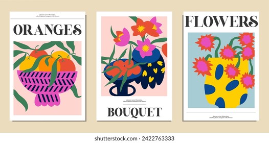 Moderne Gemälde für das Innere mit Blumen und Früchten. Zeichnen. Farbige Illustrationen von Stillleben mit Blumen und Früchten für Decken, Bilder. Innenmalerei. Handgezeichnet.