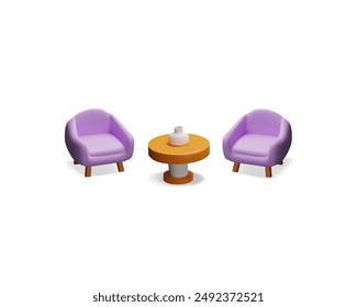 Modern pair of the purple armchairs with wooden legs and round orange table with vase 3D plastic style vector illustration isolated. Volumetric lounge couch furniture, comfortable seat interior design