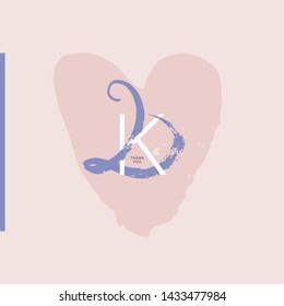 Modern paired duo "2" and "k" on the background of the heart of pastel color. Social media banner with thank you.