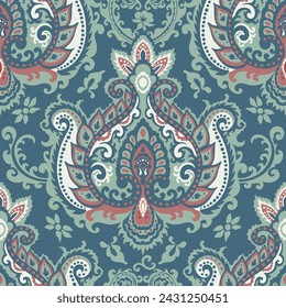 Moderne Paisley-Dekoration mit Blättern und Ästen, Zweigen und Ornamenten zur Dekoration. Botanik-Design mit Wirbel und Blüte. Nahtloses Muster, Hintergrundbild. Vektor im flachen Stil