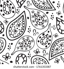 Modern Paisley Leaves Seamless Vector Pattern Background. Black And White Millefleur Repeat With Hand Drawn Foliage. Doodle Style Illustration. All Over Print For Wellbeing, Environmental Packaging