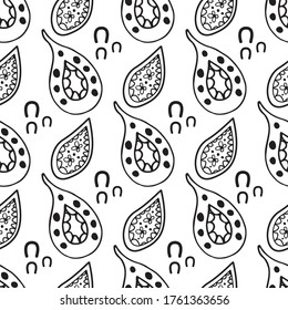 Modern paisley leaves seamless vector pattern background. Black and white geometric repeat with hand drawn foliage and shapes. Doodle style illustraton. All over print for wellbeing, packaging