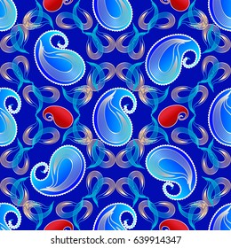 Modern paisley seamless pattern. Bright blue floral background wallpaper illustration with vintage hand drawn paisley flowers and line art tracery ornaments. Vector texture for fabric, textile, prints