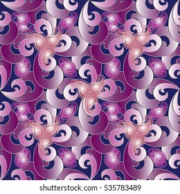 Modern paisleys seamless pattern. Vintage floral wallpaper. Abstract elegant flowery ornate background with beautiful 3d lilac and pink paisley flowers and elegance paisley pattern ornaments.
