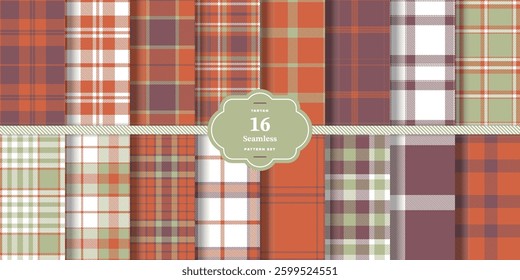 Modern Pale Ruby and Cherry Red Seamless Tartan Textile Design Set of 16