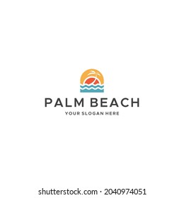 Modern PALM BEACH waves tree sunset logo design 