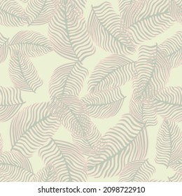 Modern palm leaf seamless pattern with hand drawn foliage print. Abstract art nature background. Vector illustration for seasonal textile prints, fabric, banners, backdrops and wallpapers.