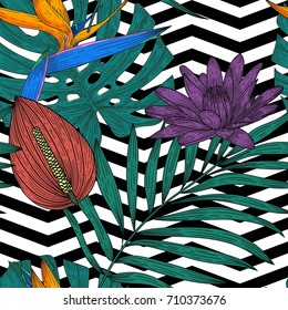 Modern palm leaves and flowers pattern with geometric shapes. Vector illustration.