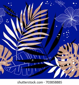 Modern palm leaves print pattern with geometric shapes. Vector illustration. Blue
