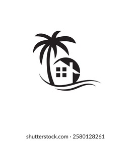 Modern Palm Tree House Logo featuring a sleek palm tree and a cozy house silhouette. Perfect for real estate, resorts, or tropical brands, symbolizing relaxation, warmth, and comfort.