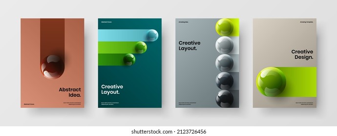 Modern pamphlet A4 design vector concept set. Unique realistic balls flyer layout bundle.