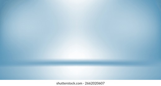 Modern panoramic abstract blue background for product presentation with sunlight and blurred design studio