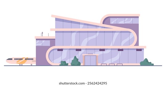 Modern panoramic windowed airport building with entrance, two stories and hangar with airplane. Vector flat cartoon, isolated aircraft on runway ready to depart. City infrastructure for travels