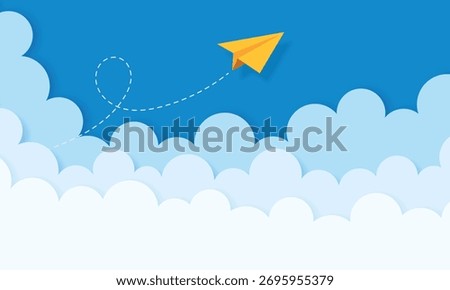 modern paper airplane flying over clouds paper cut style on blue sky banner background