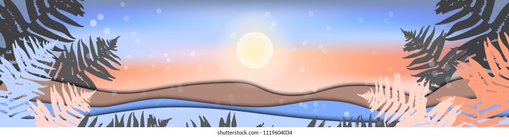 Modern paper art background with sunset in the desert. Origami style landscape in pastel colors. Vector illustration.
