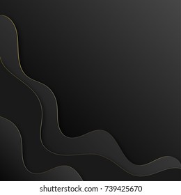 Modern paper art cartoon abstract black and golden waves. Realistic trendy craft style. Origami design template.