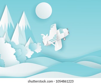 Modern paper art clouds, airplane, sun and mountains. Cute cartoon fluffy clouds and waves. Pastel colors. Origami style