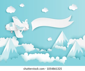 Modern paper art clouds, airplane, banner and mountains. Cute cartoon fluffy clouds. Pastel colors. Origami style