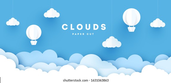 Modern paper art clouds, airplane, banner and mountains. Cute cartoon fluffy clouds. Pastel colors. Origami style
