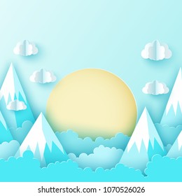 Modern paper art clouds, mountains and sun. Cute cartoon sky with fluffy clouds in pastel colors. Cloudy weather. Origami style