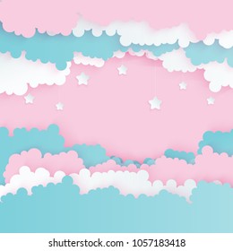 Modern paper art clouds with stars. Cute cartoon sky with fluffy clouds in pastel colors. Cloudy weather. Origami style