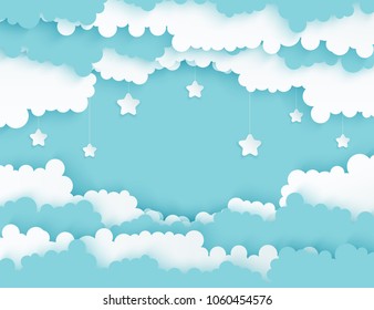 Modern paper art clouds with stars. Cute cartoon sky with fluffy clouds in pastel colors. Cloudy weather. Origami style