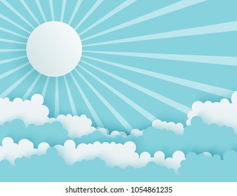 Modern paper art clouds and sun with rays. Cute cartoon sky with fluffy clouds in pastel colors. Cloudy weather. Origami style
