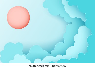Modern paper art clouds and sun. Cute cartoon sky with fluffy clouds in pastel colors. Cloudy weather. Origami style