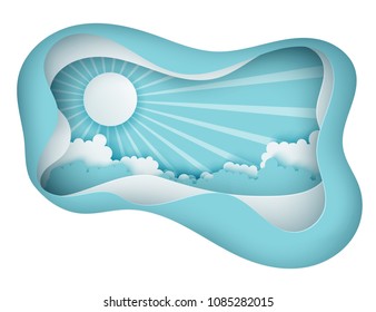 Modern paper art clouds and sun with rays. Cute cartoon sky with fluffy clouds in pastel colors. Cloudy weather. Origami style, isolated on white