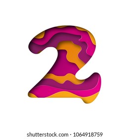 Modern paper art of the colored number Two. Vector illustration. Number Two is cut from paper isolated.