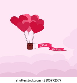 
Modern paper art origami background. A bunch of red paper heart balloons, fluffy clouds and an inscription. I love you more