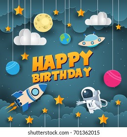 Modern Paper Art Style Happy Birthday Card Illustration - Space Scientist
