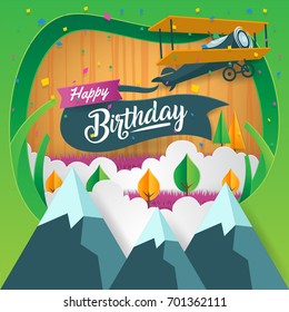 Modern Paper Art Style Happy Birthday Card Illustration - Back To Nature Adventure