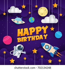 Modern Paper Art Style Happy Birthday Card Illustration - Space Adventure