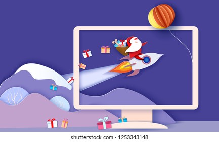 Modern paper banner with Santa Claus on rocket with box of gifts inside of computer monitor. Happy New Year 2019 and Merry Christmas card. Vector illustration. Paper cut and craft style.