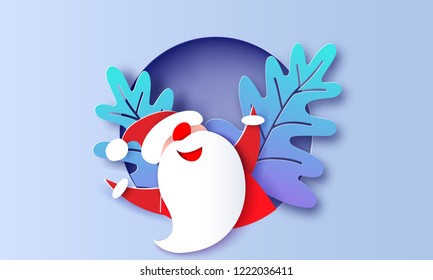 Modern paper circle banner with Santa Claus. Merry Christmas. Happy New Year. Origami Label template. Vector illustration. Paper cut and craft style. Modern paper circle banner with Santa Claus. Merry Christmas. Happy New Year. Origami Label template. Vector illustration. Paper cut and craft style.