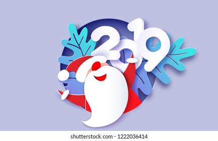 Modern paper circle banner with Santa Claus. Merry Christmas. Happy New Year 2019. Origami Label template. Vector illustration. Paper cut and craft style.