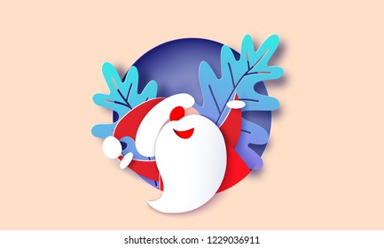 Modern paper circle banner with Santa Claus. Merry Christmas. Happy New Year. Origami Label template. Vector illustration. Paper cut and craft style.