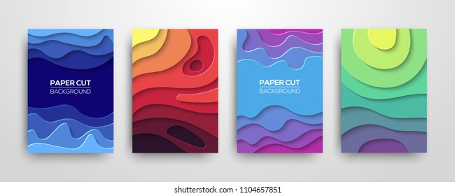 Modern paper cut 3D geometric covers set. Minimal colorful trendy templates design. Cool gradient shapes. Poster background composition. Vector illustration.