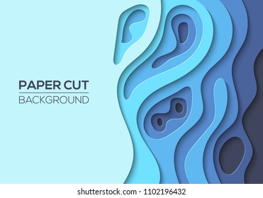 Modern paper cut art design template with cartoon abstract waves. Background for flyers, banners, presentations and posters. Bright blue gradient colors. Vector illustration