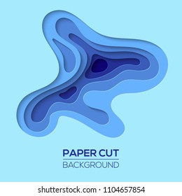 Modern paper cut art design template with cartoon abstract waves. Background for flyers, banners, presentations and posters. Bright blue gradient colors. Vector illustration