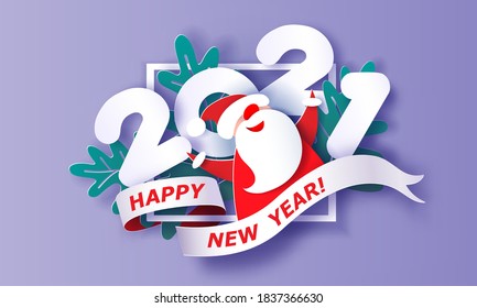 Modern paper cut circle banner with Santa Claus in hole. Merry Christmas. Happy New Year 2021. Origami Label template. Vector illustration. Paper cut and craft style.