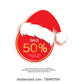 Modern paper cut circle sale banner with Santa Claus hat, special offer, 50 percents discount. Merry Christmas. Happy New Year. Origami Label template. Shop now. Space for text. Vector