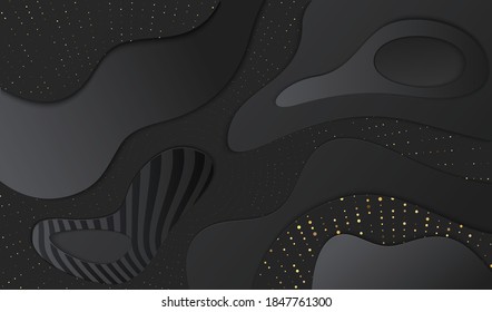 Modern paper cut elegant black gradient  geomteric shapes background. Gold pattern glitter dots with grey lines vector for design.