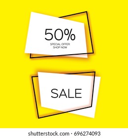 Modern paper cut geometric sale banner, special offer, 50 percents discount. Origami Trendy Label tag template. Shop now. Space for text. Yellow background. Vector
