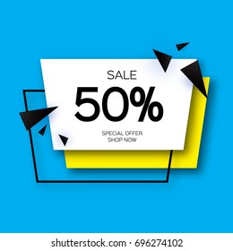 Modern paper cut geometric sale banner, special offer, 50 percents discount. Origami Trendy Label tag temlate. Shop now. Space for text. Blue background. Vecto