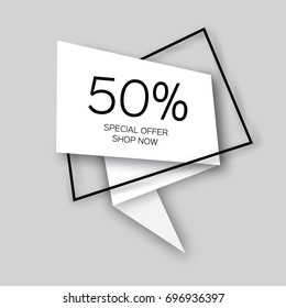 Modern paper cut geometric sale banner, special offer, 50 percents discount. Origami Label tag. Shop now. Space for text. Grey background. Vector