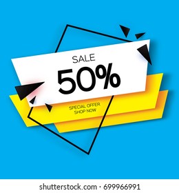 Modern paper cut geometric sale banner, special offer, 50 percents discount. Origami Trendy Label tag temlate. Shop now. Space for text. Blue background. Vecto